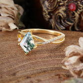 4 Prong Kite Cut 2 Carat Natural Moss Agate Promise Ring Nature Inspired Twisted Leaf Ring